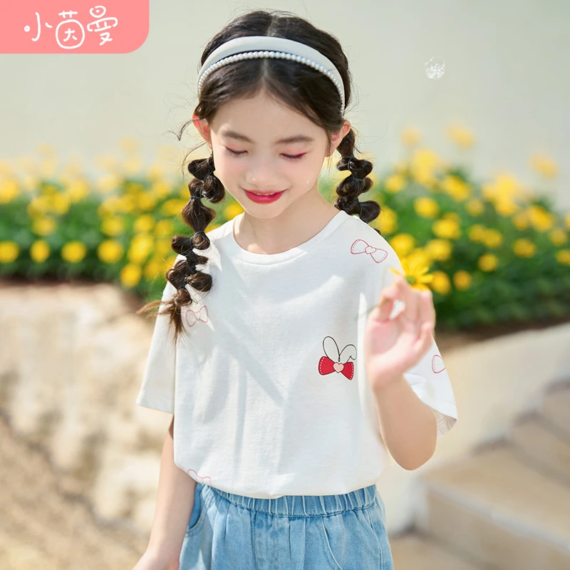 【T恤长袖】小茵曼女童T恤白色洋气25夏透气时尚百搭宝宝圆领短袖