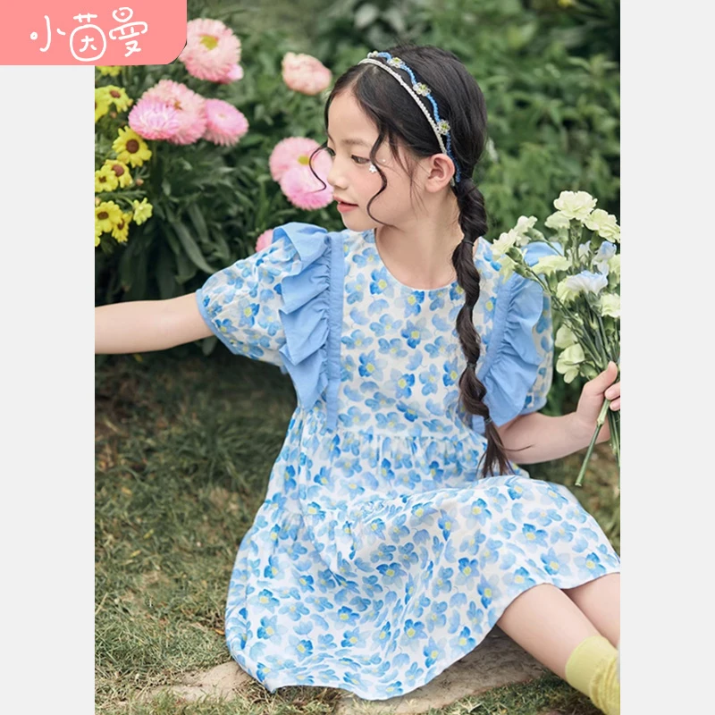 【裙子仙】小茵曼【蓝蔷薇】女童连衣裙宝甜美荷叶袖中碎花公主裙