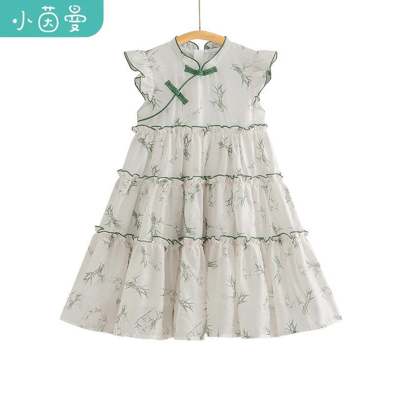 小茵曼【竹影】女童连衣裙秋季绿扣褶皱花边新中式裙JRX242017