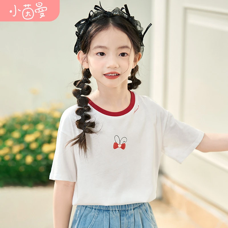 小茵曼女童撞色圆领短袖T恤清凉百搭休闲上衣女宝宝潮3832171A