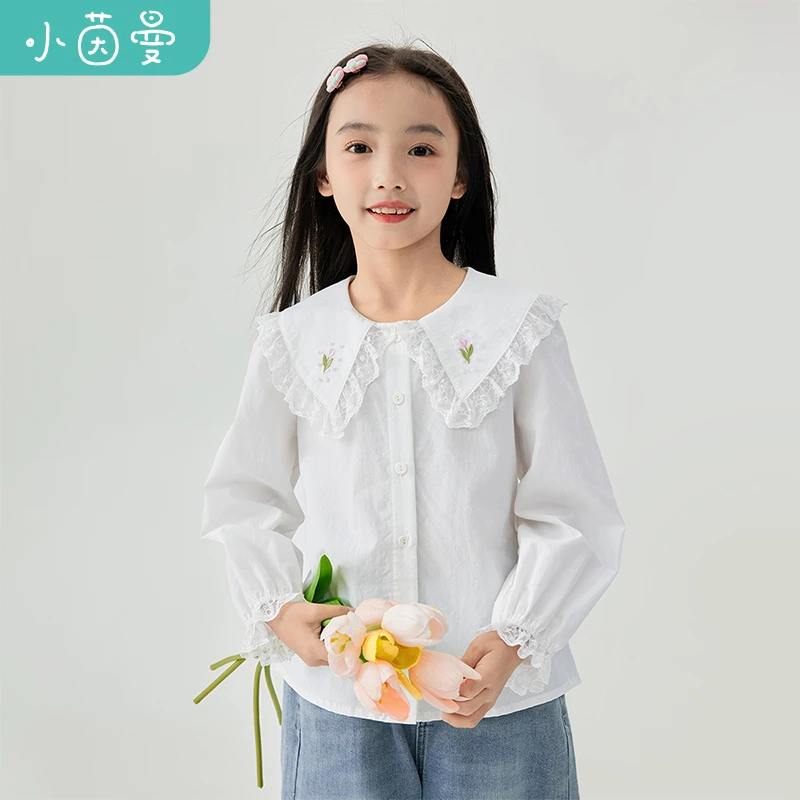 小茵曼女童衬衣郁金香刺绣2025秋中大童蕾丝娃娃领衬衫3843208