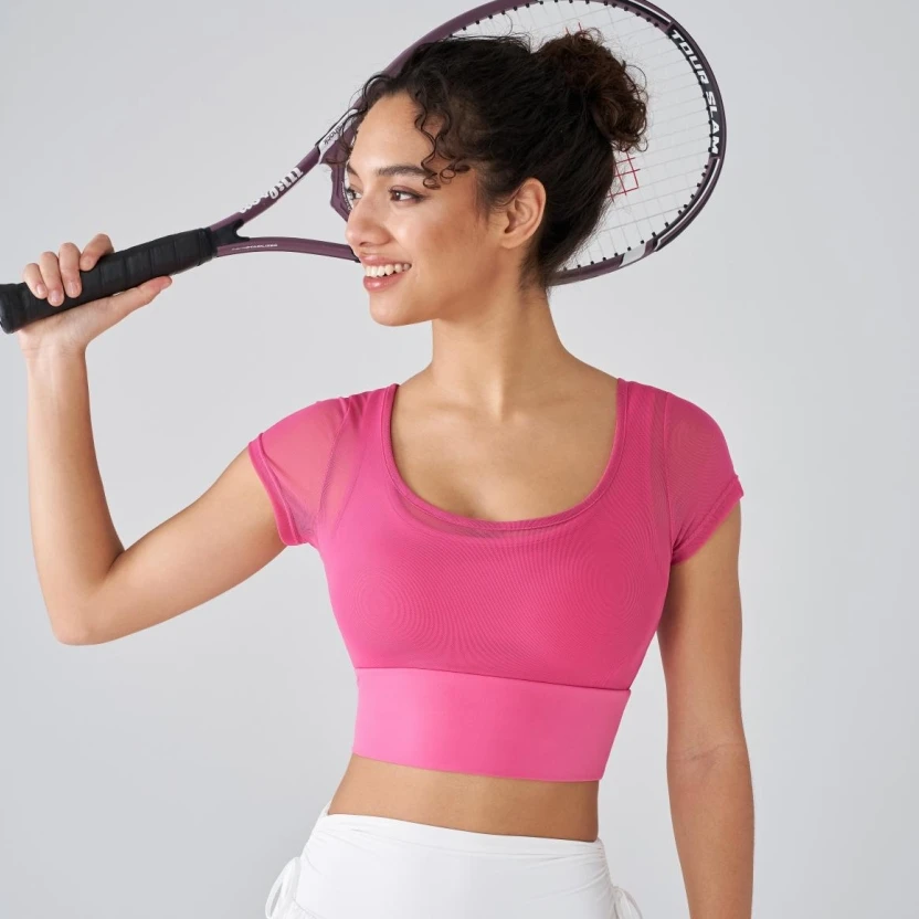 网纱瑜伽服短袖带胸垫跑步速干运动文胸一体杯健身服上衣206