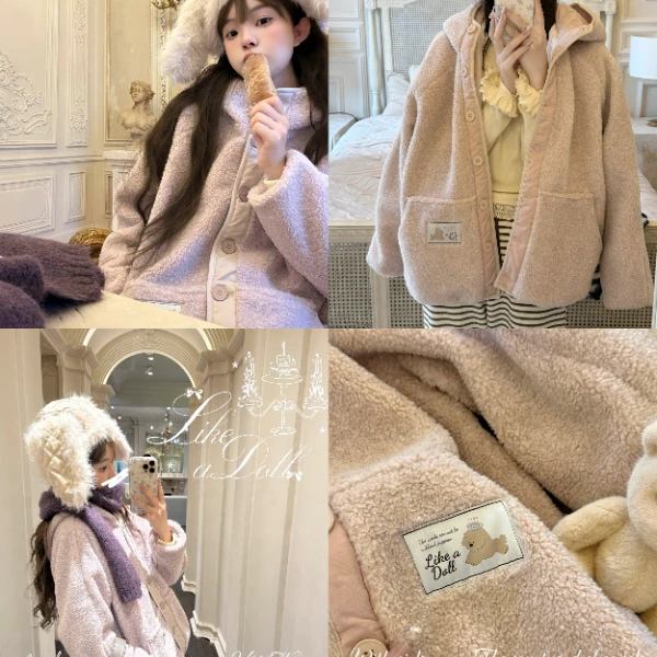 DOLL原创【香芋莓莓】羊羔毛连帽外套女冬新款软糯宽松毛绒上衣