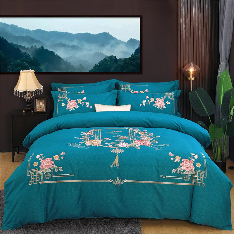 新款轻奢全棉加厚磨毛高端国潮刺绣印花亲肤四件套高端绣花