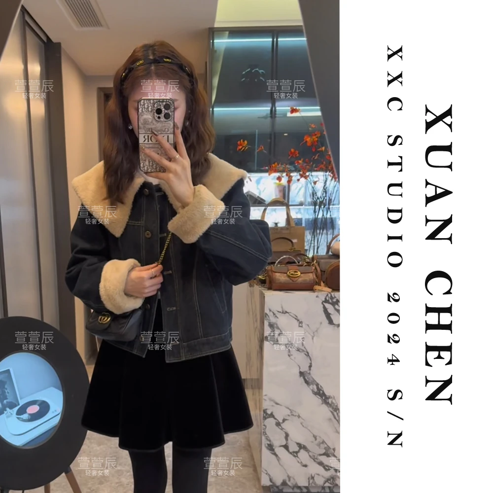 【赤道幻想】秋冬加厚小个子短款夹棉外套时尚ins百搭牛仔外套#3732