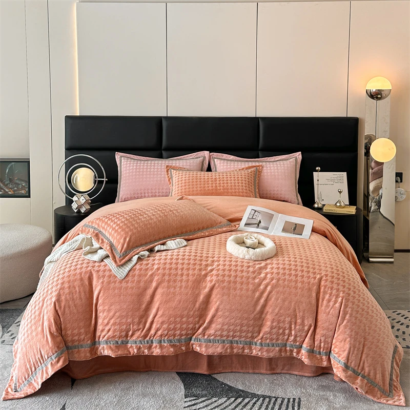 思敬博新款A类婴儿绒千鸟格织带款加厚保暖宝宝绒四件套被套加绒