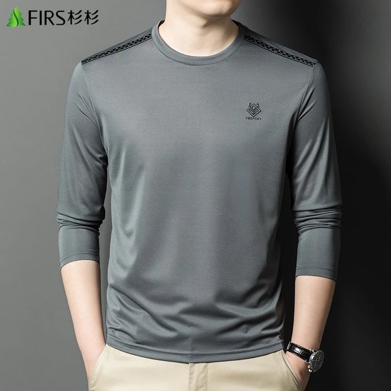 FIRS/杉杉男士休闲T恤百搭秋季上衣潮流圆领纯色宽松男长袖打底衣