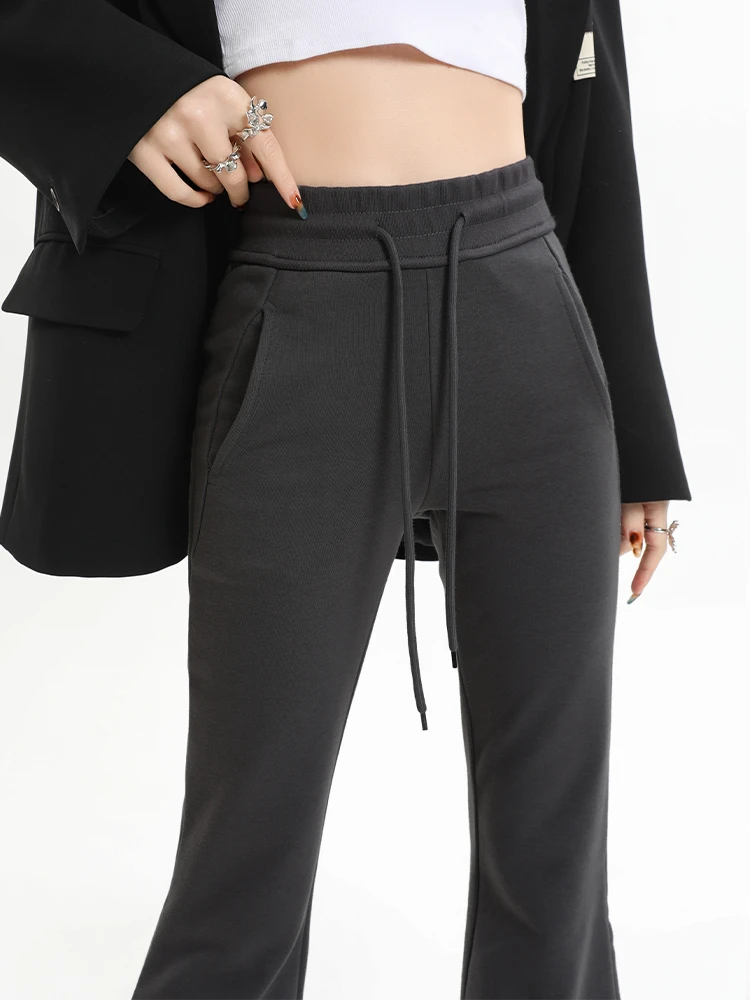 美式运动休闲裤女新款春秋冬季高腰加绒微喇瑜伽裤黑色抽绳卫裤女