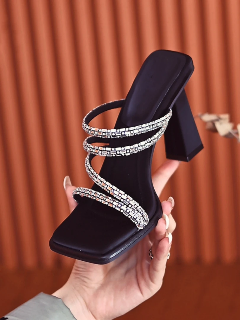 法式方头高跟拖鞋女外穿2024夏季露趾水钻一字带细跟女神气质凉鞋