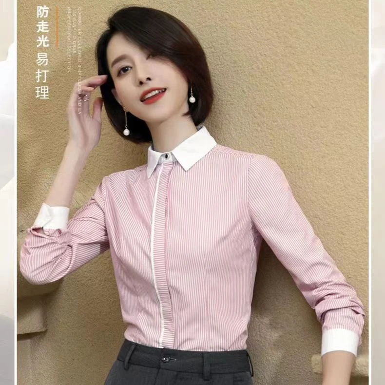 904#气质拼色条纹显瘦衬衣长袖条纹衬衫休闲时尚衬衫