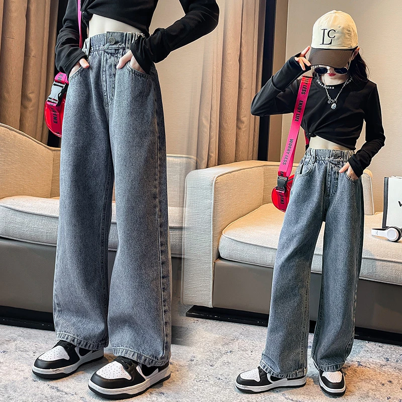 女童牛仔裤春秋装2025新款中大童洋气12中大童韩范春款阔腿裤时髦