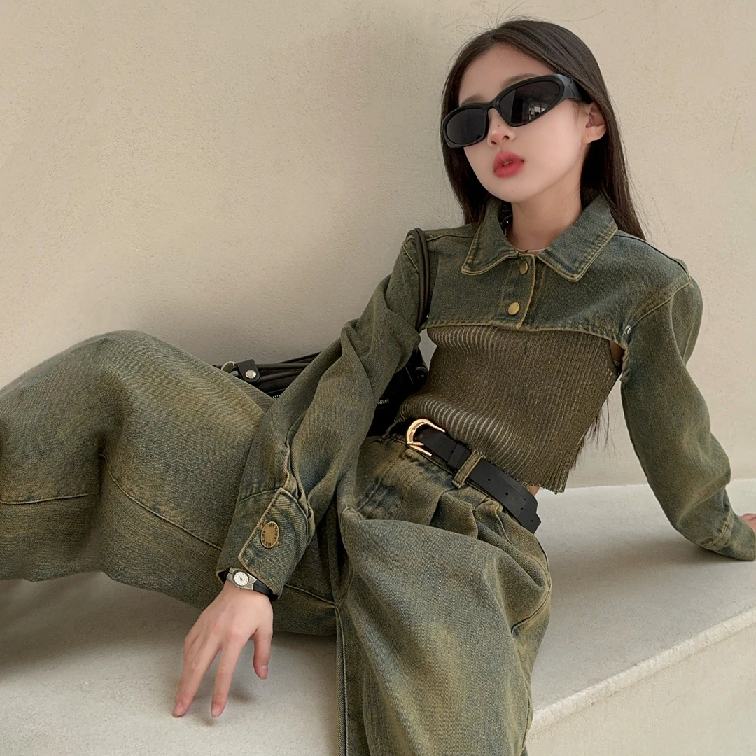 女童牛仔裤套装春秋装2025新款中大童韩版炸街背心洋气阔腿裤子潮