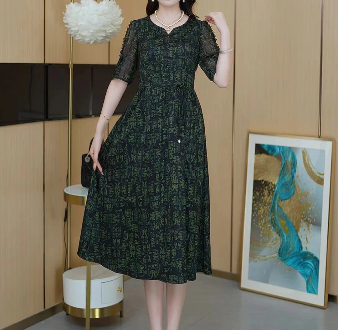 【新款上新】春夏季中式收腰时尚中长款气质短袖连衣裙9087绿色