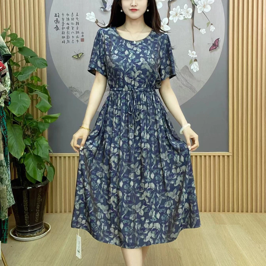【新款上新】春夏季中式印花收腰时尚中长款气质短袖连衣裙695-2