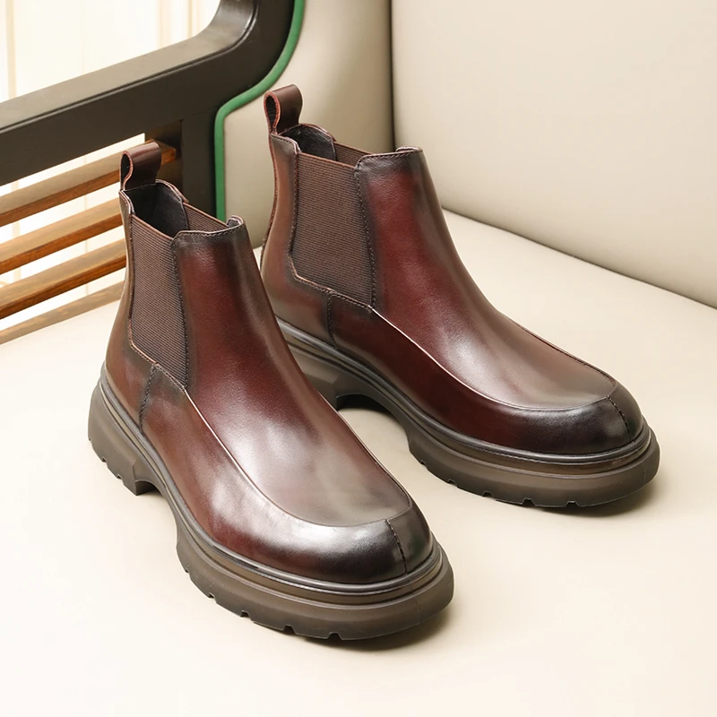 头层牛皮潮流真皮短靴男高帮英伦大头休闲皮鞋厚底切尔西靴男冬季