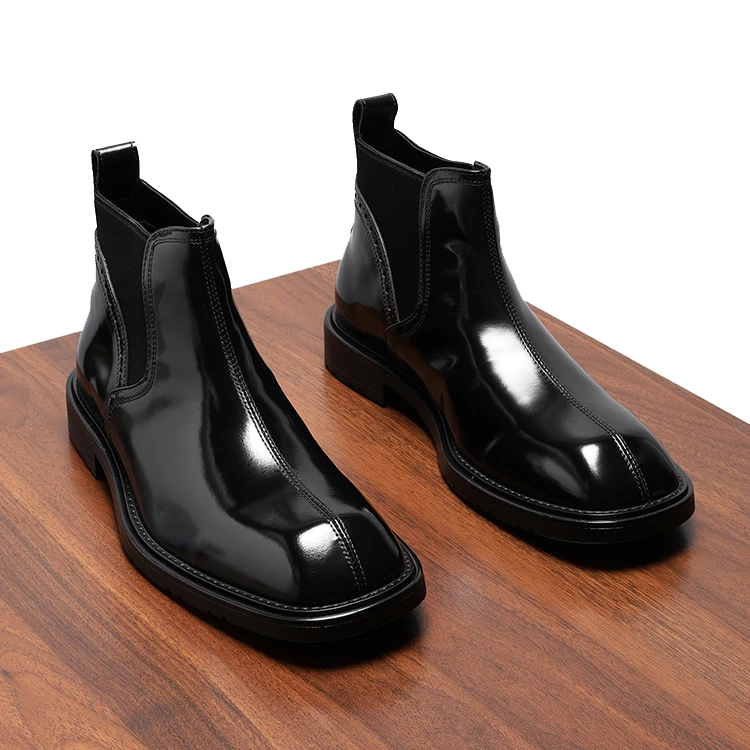 切尔西靴男款爆款2025新款真皮方头休闲高帮皮鞋亮面短靴子秋冬季