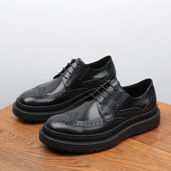 布洛克雕花皮鞋男款真皮圆头百搭商务休闲厚底德比鞋平底男鞋冬季