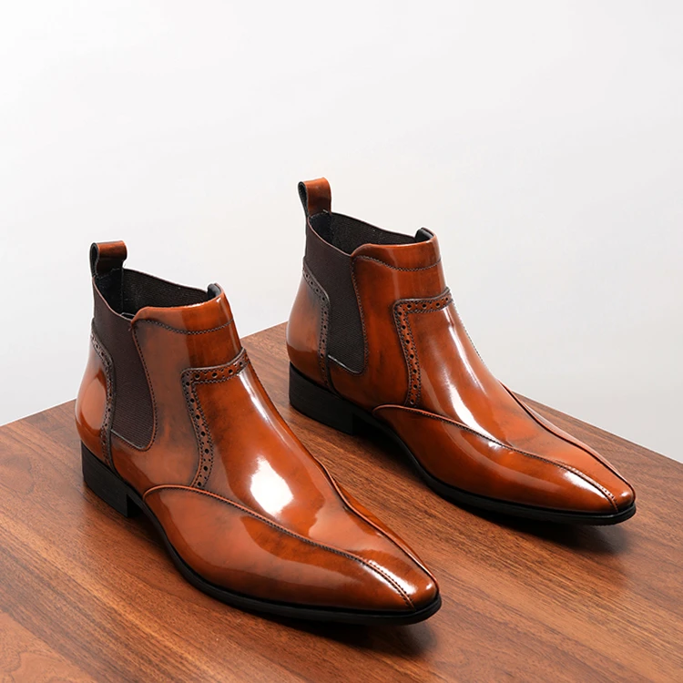 英伦风切尔西靴男亮皮高帮皮鞋男款马丁靴潮流尖头短靴男真皮冬季