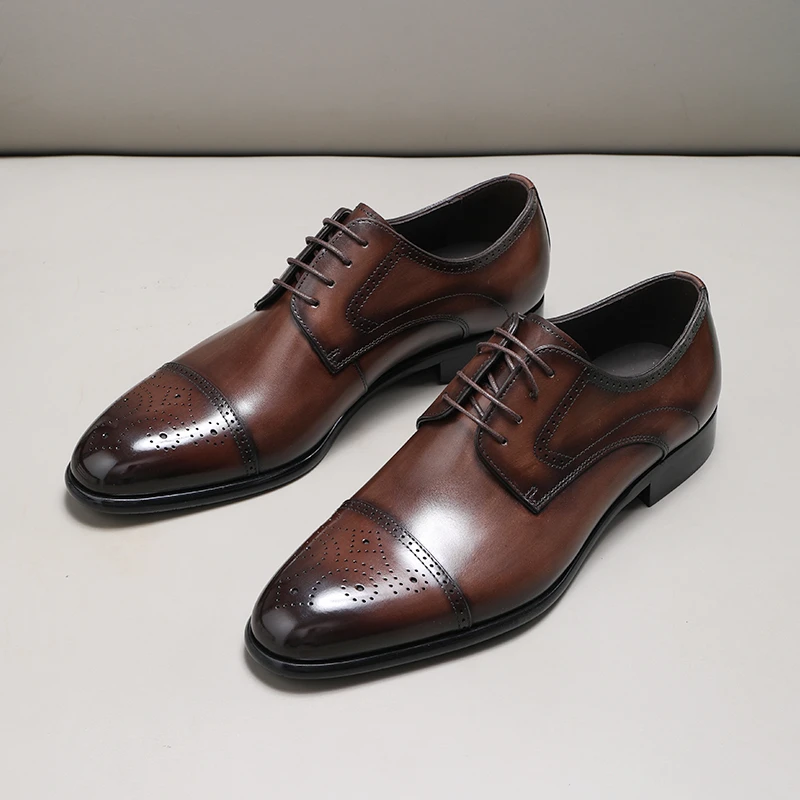通勤三接头商务正装男士皮鞋英伦风真皮透气布洛克雕花男鞋秋冬季