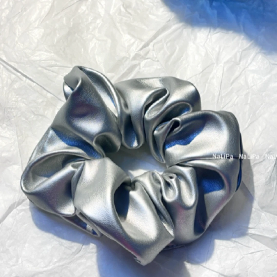 韩系银色皮质大肠发圈ins风百搭高级小众马尾辫发绳丸子头发圈