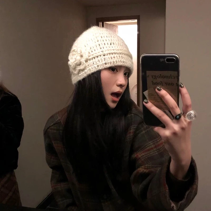 立体氛围感细闪花朵针织帽女秋冬百搭毛线帽韩系显脸小帽子