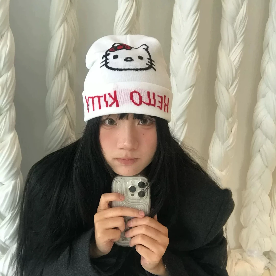 hellokitty凯蒂猫冷帽针织帽白色百搭可爱ins帽子线帽女