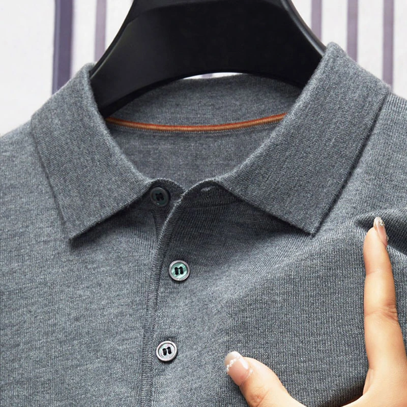 【可机洗精纺100纯羊毛衫】t恤男翻领商务针织polo衫打底长袖毛衣
