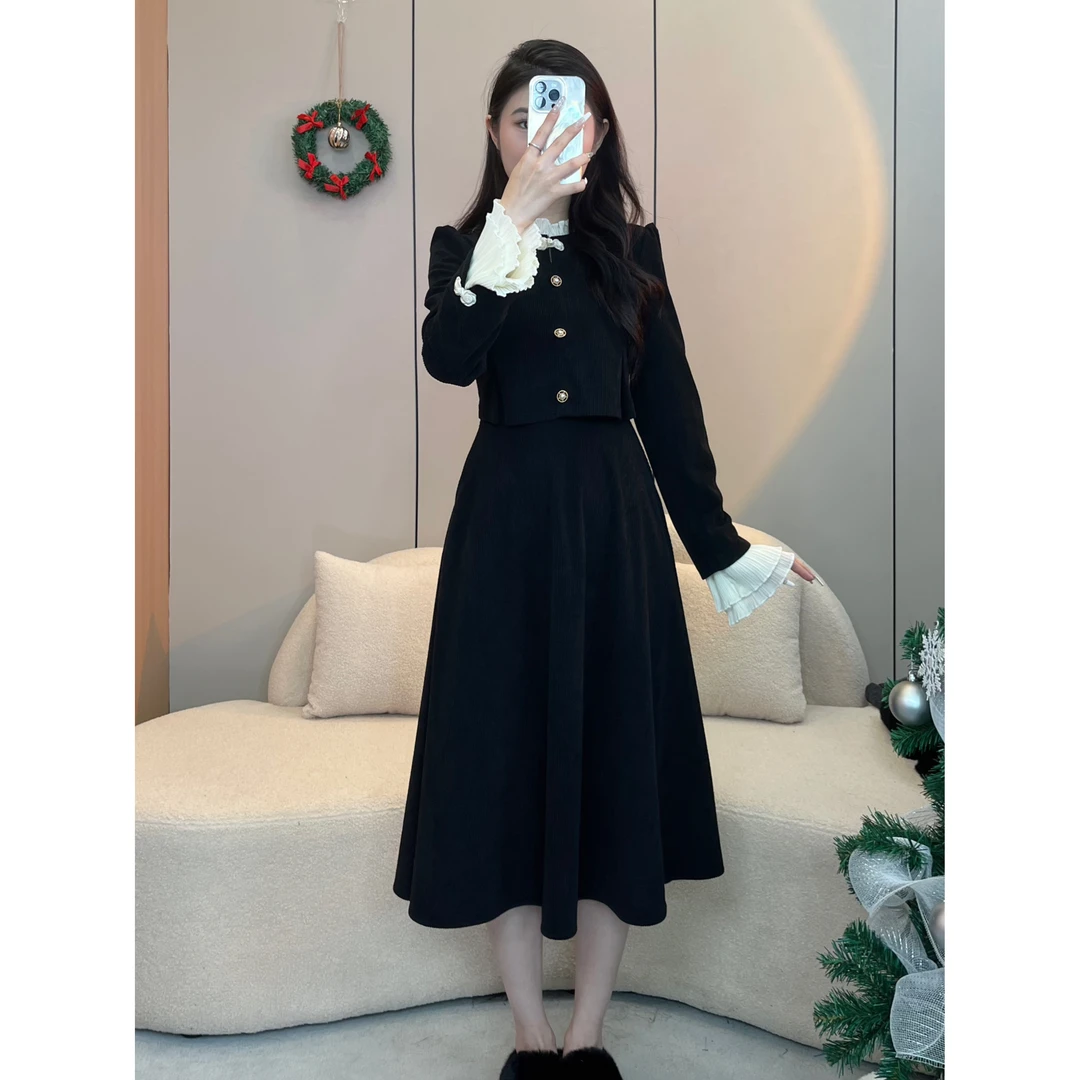 LSW 撞色拼接长袖法式复古气质显瘦连衣裙3573