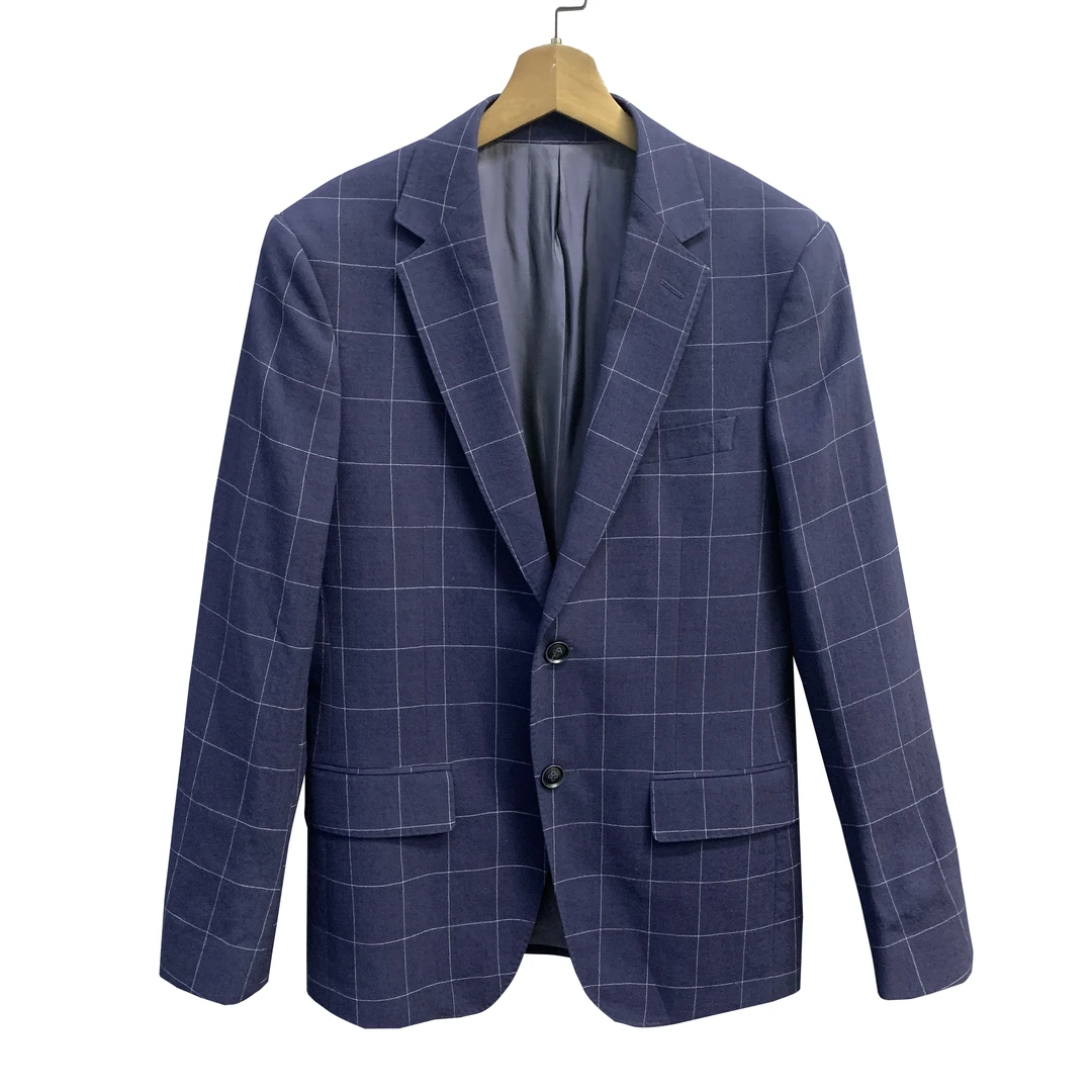 堡家【100%美丽诺羊毛】藏青色窗格纹单西单排双扣单开叉西装67091A