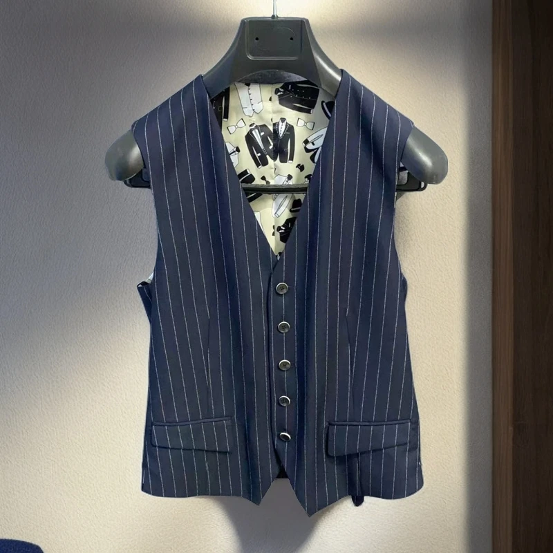 鸟红标【澳毛+桑蚕丝】藏青马甲竖条内搭西装马夹MJ002