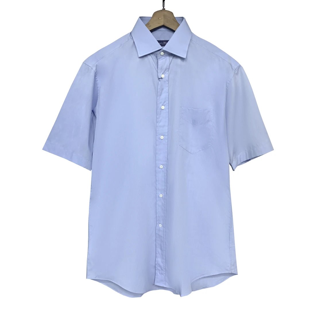 A爱其【基础百搭】浅蓝净版进口100长绒棉高支双股男士短袖衬衫1359