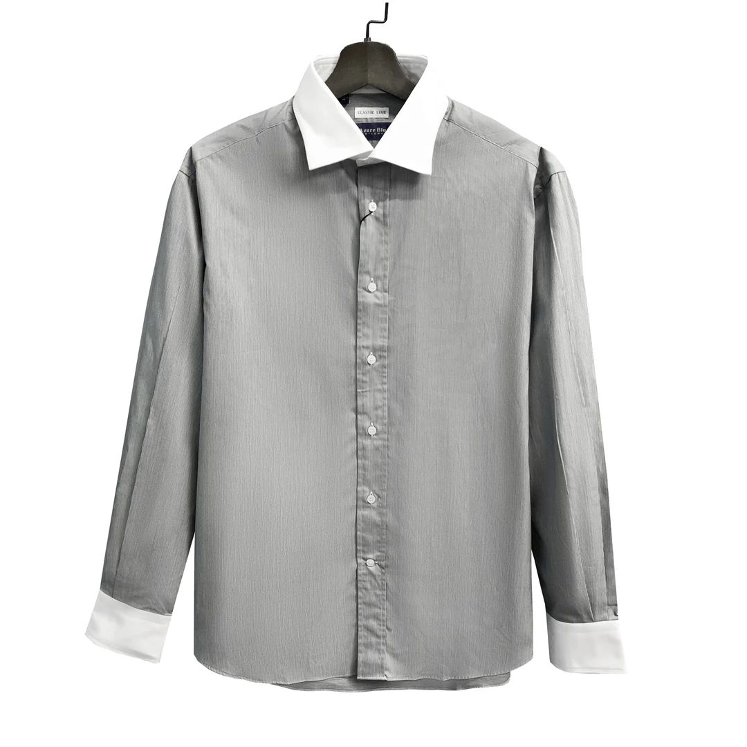 A爱其【手工缝线+贝壳纽扣】灰色条纹100长绒棉男百搭商务衬衫2019