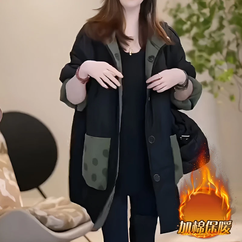复古波点拼接减龄中长款女士棉服2025秋冬新款百搭双面穿棉服大衣