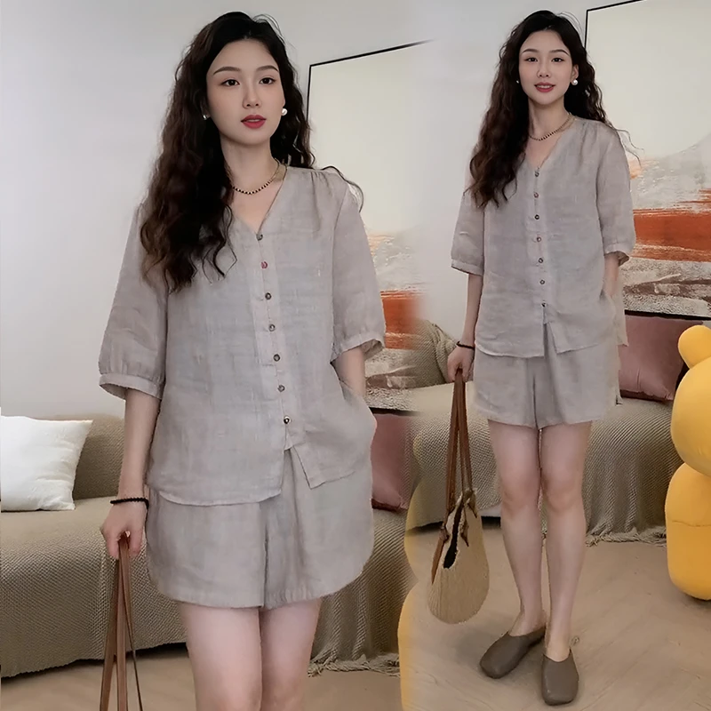 设计感小众V领七分袖休闲衬衫上衣2025夏季新夏季女款V领两件套