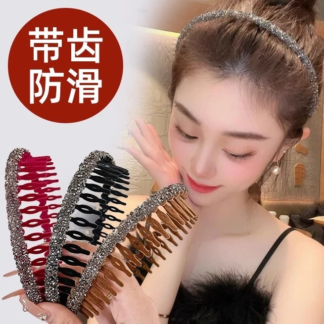 植绒闪亮水钻网红夏季带齿发箍四季款防滑百搭优雅气质时尚夏天
