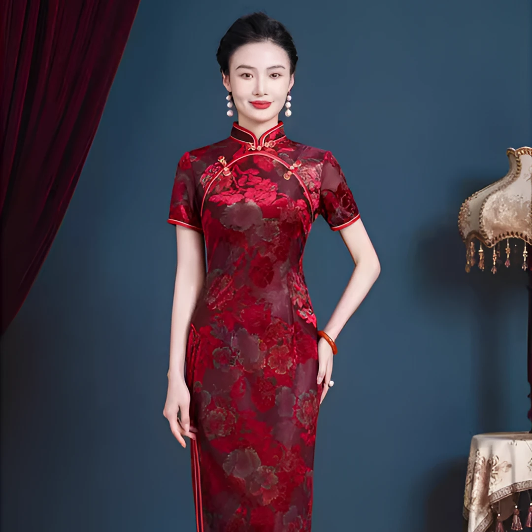 春夏新款丝绒长款短袖气质中国风旗袍大码妈妈婚礼旗袍婚宴服