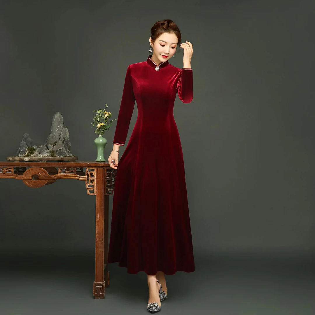 春秋高贵气质喜婆婆婚礼长款旗袍改良复古大码宴会婚礼大摆裙礼服