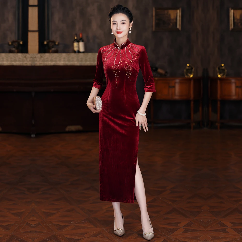 秋冬高贵气质喜婆婆婚宴旗袍大码修身妈妈高档手工钉珠中国风礼服