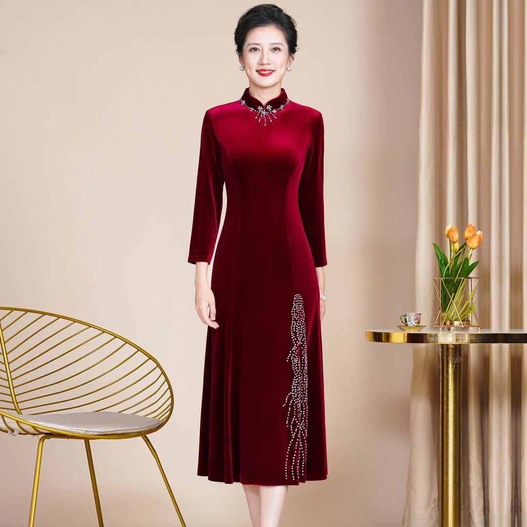 秋冬季高贵喜婆婆婚礼改良珠绣长袖旗袍大码喜妈妈修身大摆裙礼服