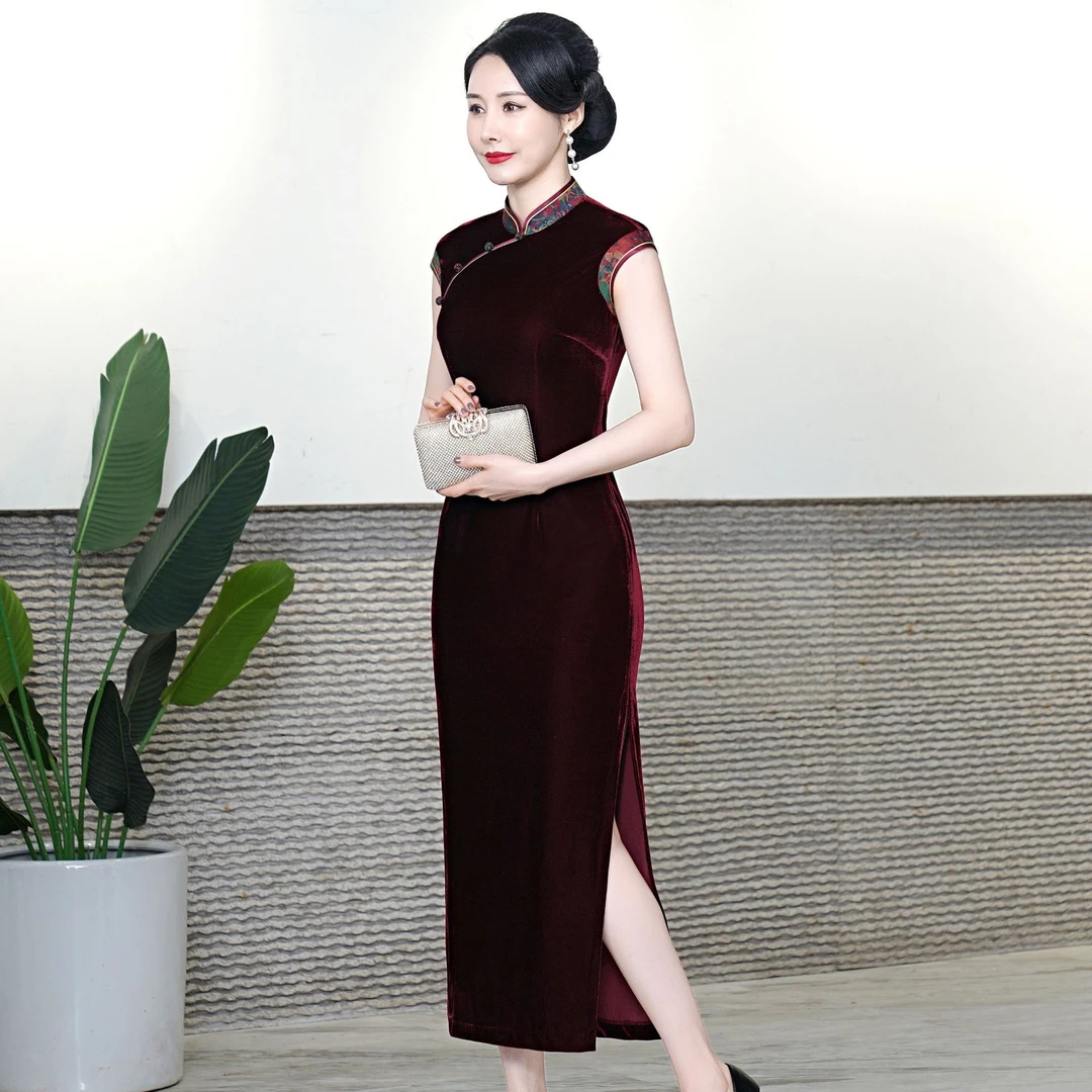秋季新款金丝绒拼接气质长款旗袍大码修身复古婚礼走秀宴会旗袍