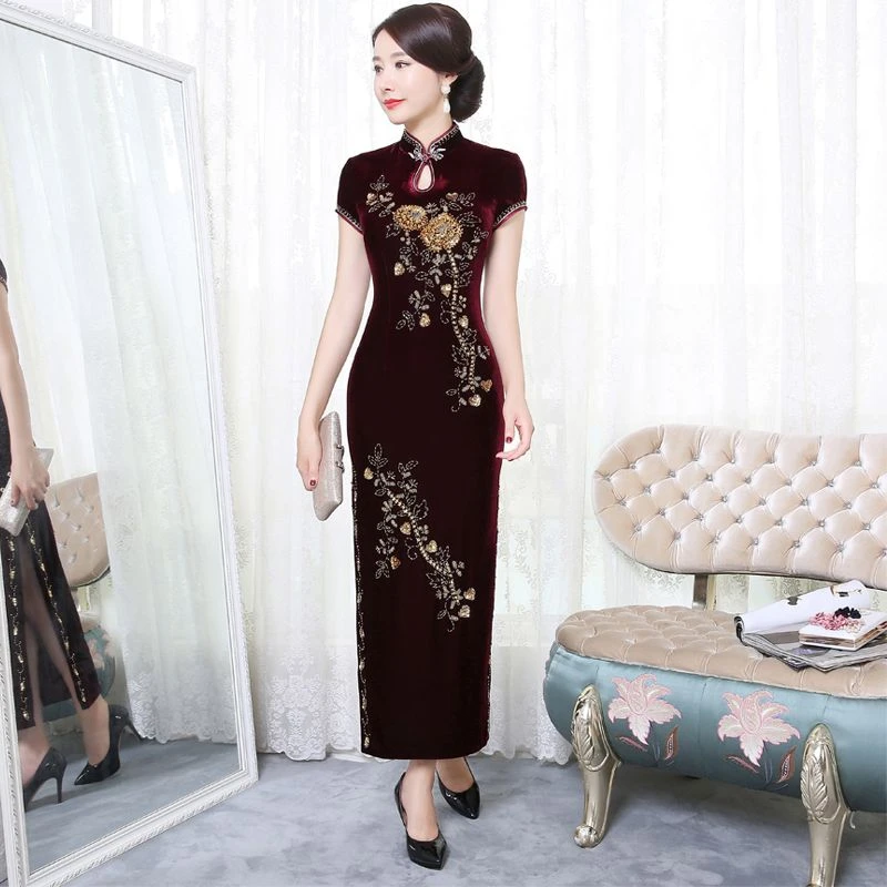 春秋金丝绒手工钉珠短袖长款旗袍大码妈妈婚礼走秀复古敬酒晚礼服