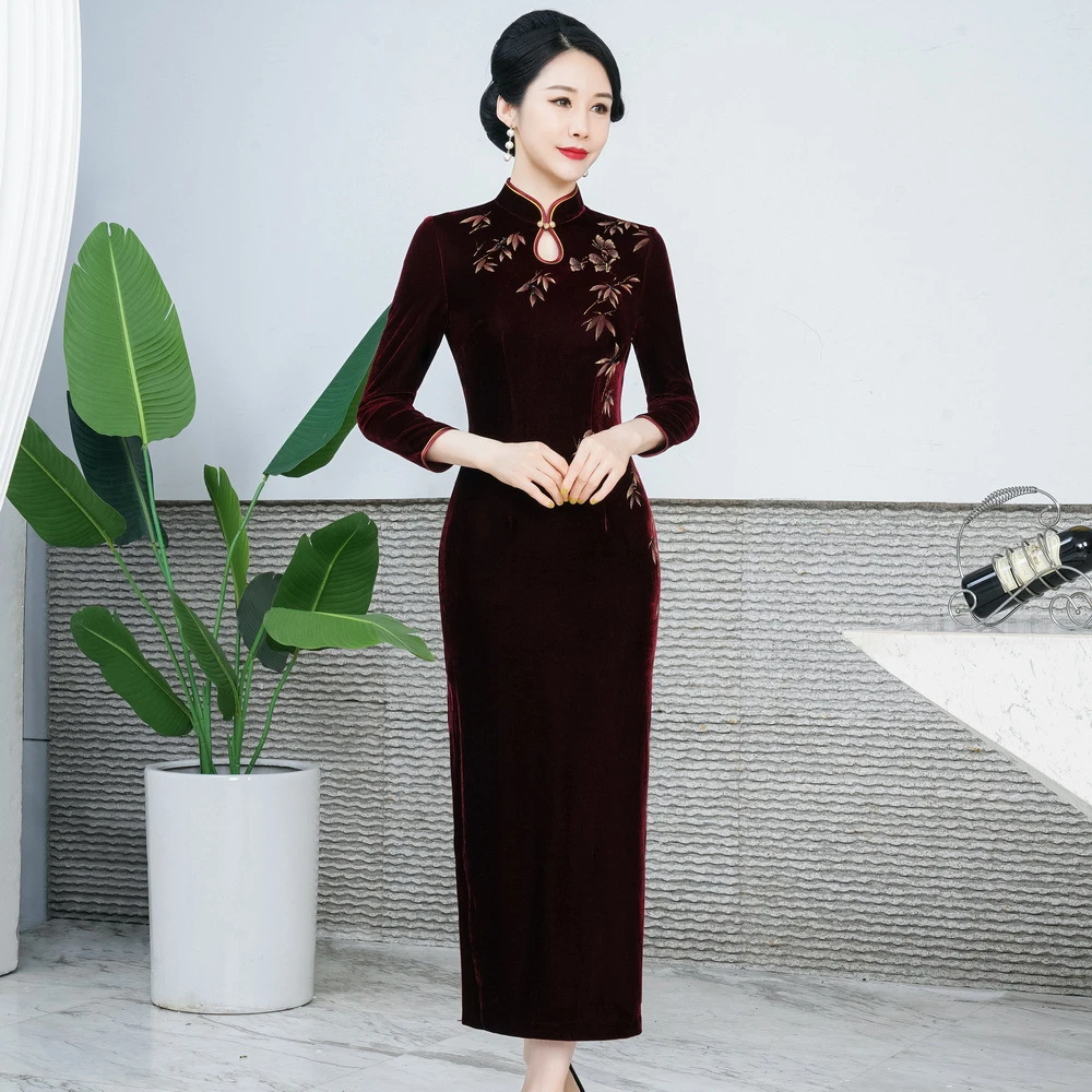 秋冬新款改良丝绒旗袍女长款气质喜婆婆高档婚敬酒服修身中国风