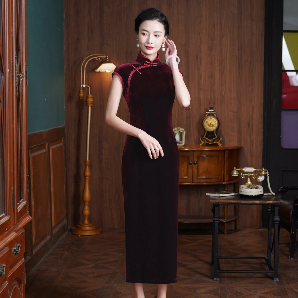 春秋高贵气质喜婆婆长款短袖旗袍修身蕾丝拼接大码喜妈妈婚礼旗袍