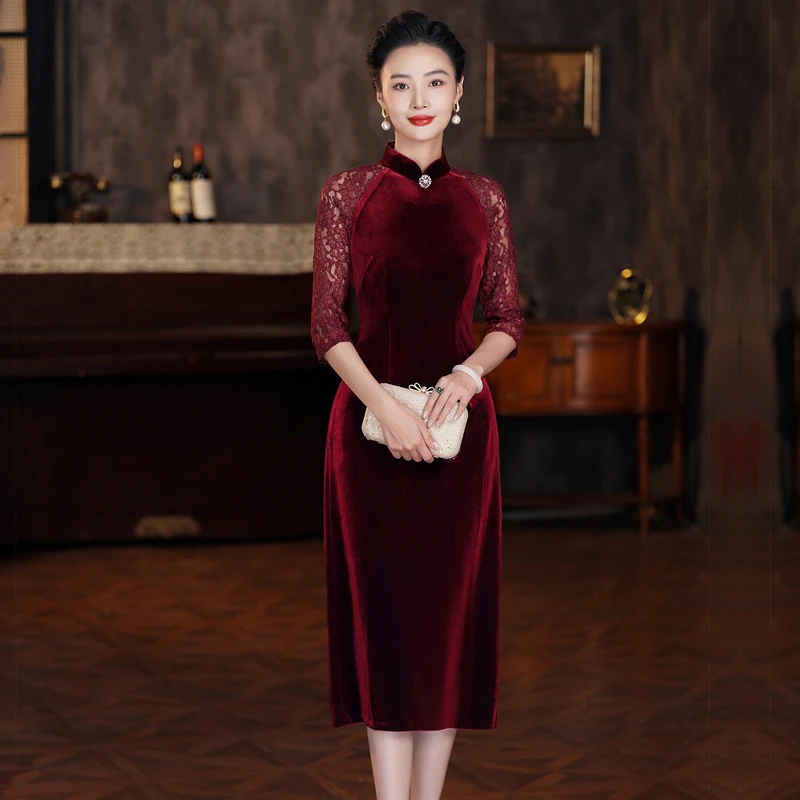 秋季新款高贵蕾丝拼接喜婆婆婚礼旗袍大码妈妈宴会改良中国风礼服