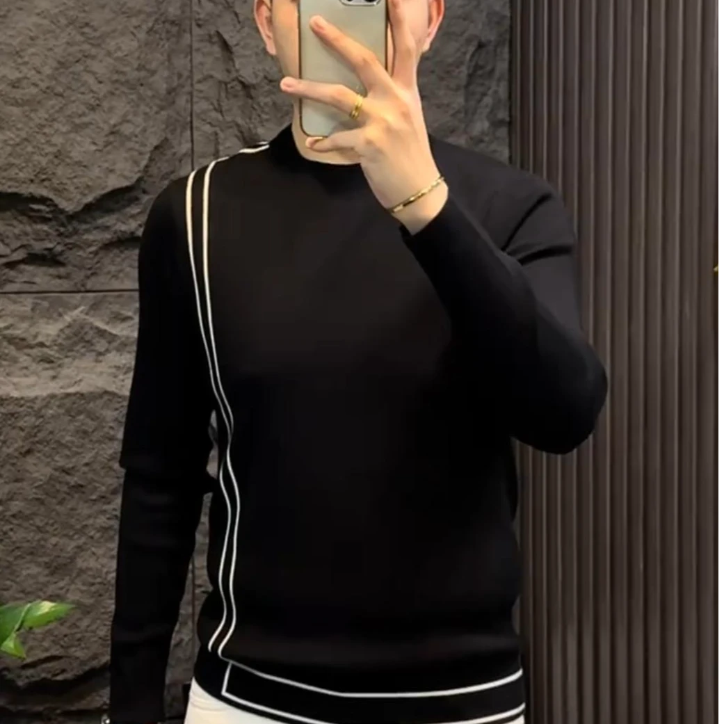 秋冬新款男士针织衫长袖条纹修身百搭轻奢简约毛衣时尚保暖打底衫