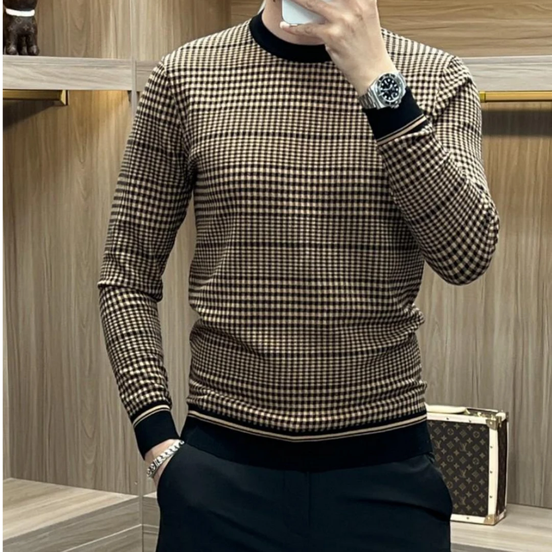 男士新品格子针织衫圆领修身轻奢短袖商务百搭潮流加厚毛衣打底衫