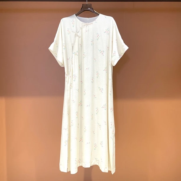 桑蚕丝连衣裙舒适夏季薄款宽松中长款碎花透气春夏圆领夏款国风袍