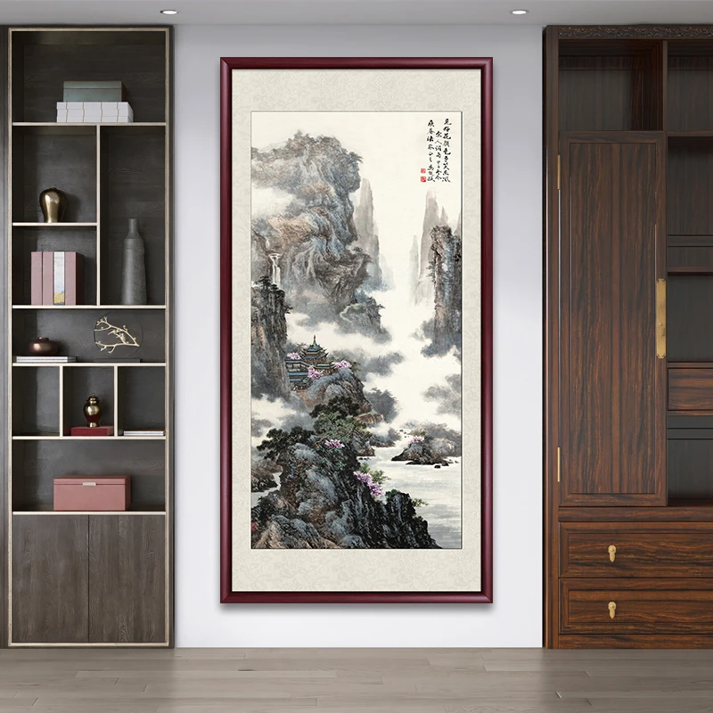 张大千名家山水画国画入户玄关装饰画客厅挂画中式竖版走廊墙壁画