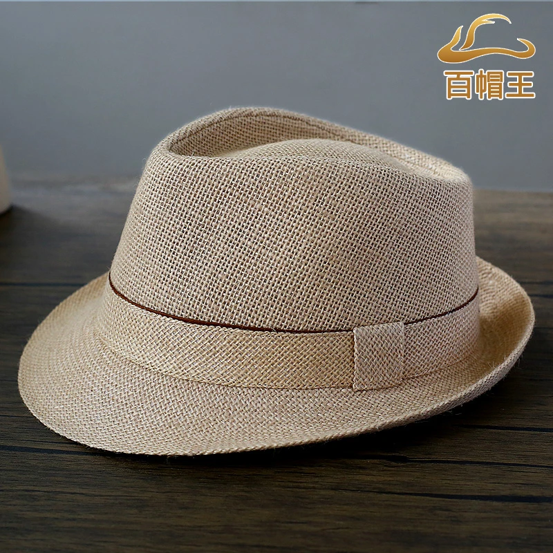 百帽王高档精细纯麻礼帽男亚麻小帽檐夏季遮阳防晒透气凉爽遮阳帽