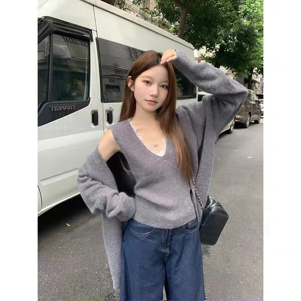 气质温柔早秋蕾丝v领背心中长款开衫针织套装女宽松慵懒百搭上衣